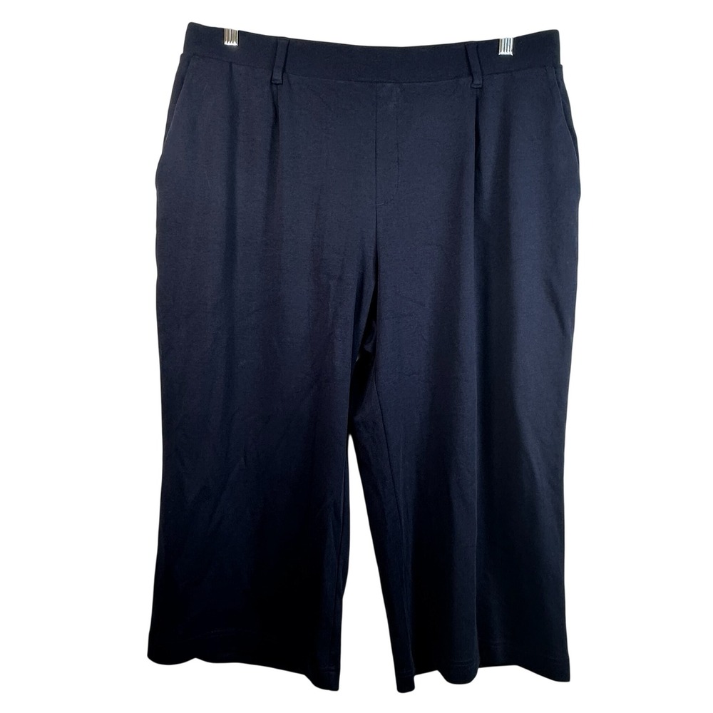 Lands End Sport Knit Crop Pants Navy Blue 100% Cotton Wide Leg Womens XL P 18